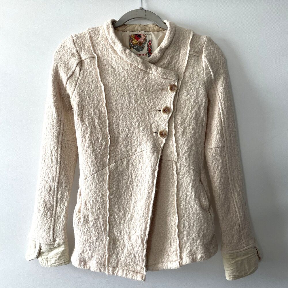 Free People Jacket Textured Asymmetrical Button Cream Women's Size 4-(C)